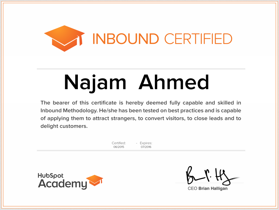 Najam Ahmed - Hubspot Inbound Certificate 2015 - 2016